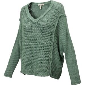 Free People Green V-Neck Open Knit Oversized Sweater Cotton Rayon‎ Med Lagenlook